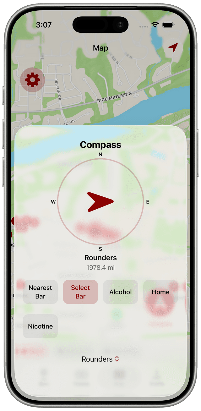Compass — arrow pointing to nearest bar or liquor store
