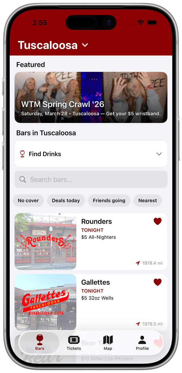 Bars tab — list of bar cards with city header, search, filter chips